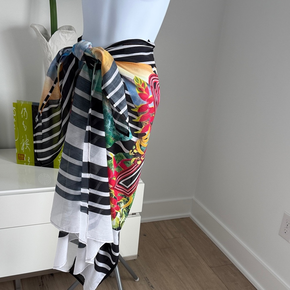 Clover Canyon Black and White Striped Floral Sarong